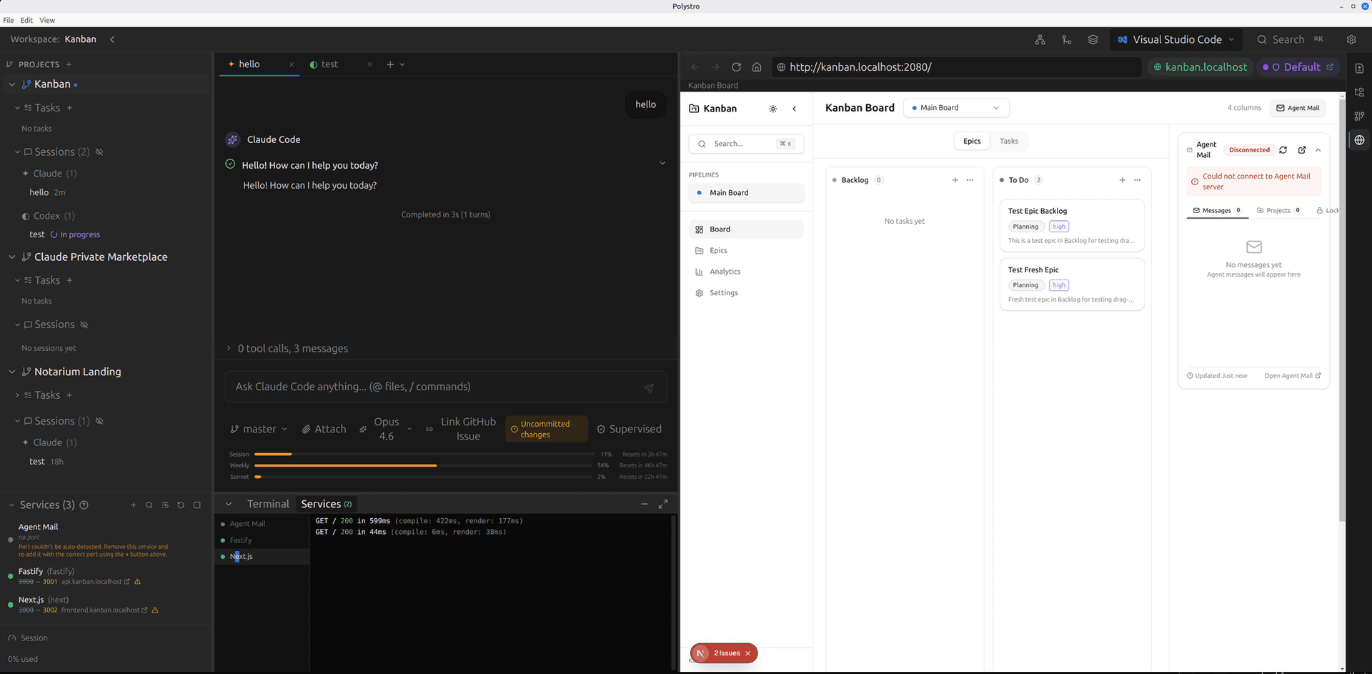 Polystro session surface with active coding workflow